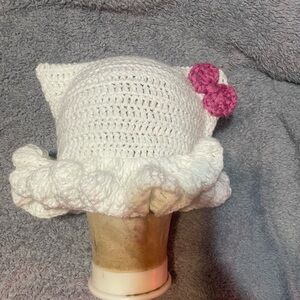 White Crochet Hat with Pink Bow